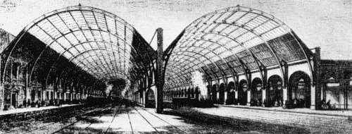 Line engraving of the original Kings Cross arches in 1852. Note the platforms on the far left and far right only