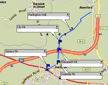 Map of the Aberford Railway over a modern road map, Blue=Aberford Railway; Red=L&S Railway