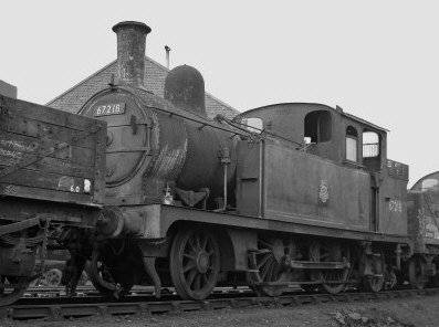 F5 2-4-2T BR No. 67218 at Stratford in 1958 probably after withdrawal. Note unusual cab. (M.Morant)