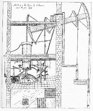 John Smeaton's sketch of a Newcomen atmospheric engine, probably drawn at Garforth Colliery in about 1741