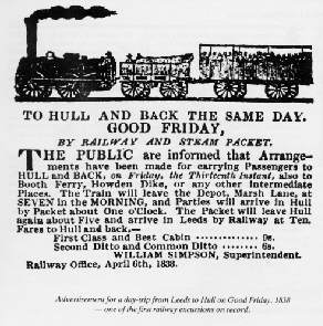 Advertisement for a day trip excursion on Good Friday, 1838 - one of the earliest railway excursions on record