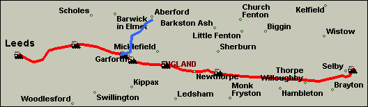Route of the Leeds & Selby Railway (red) and the Aberford Railway (blue)