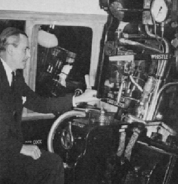 Robert Riddles demonstrating the seated driving position in a Britannia mockup