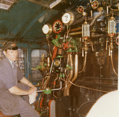Cab view of the preserved A4 No. 4498 'Sir Nigel Gresley' in the late 1960s (A. Willis)